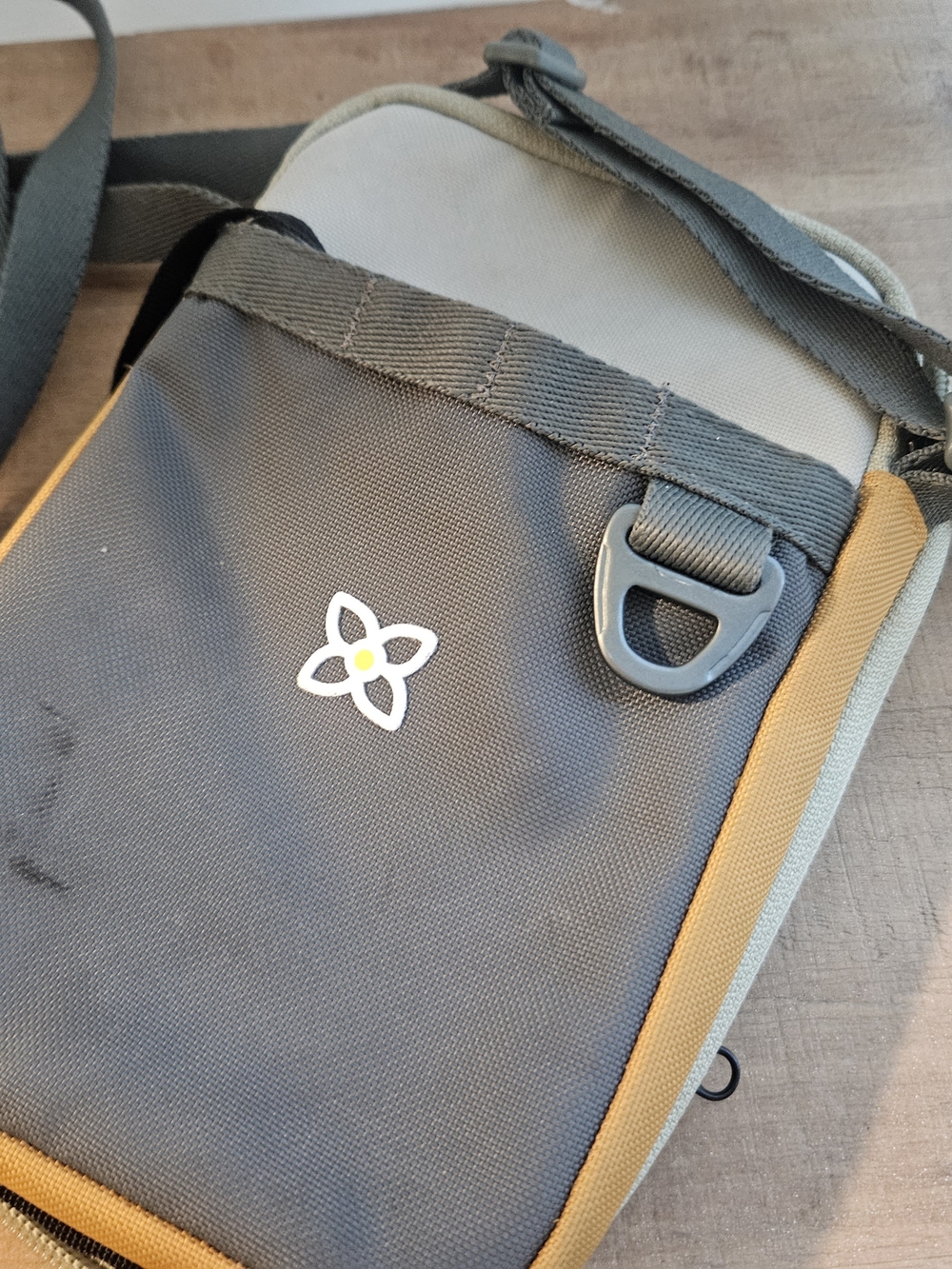 REI Gray and Tan Crossbody Bag with Yellow Trim
